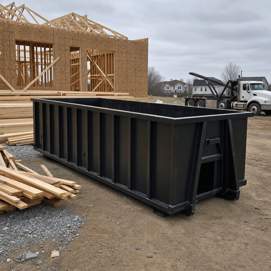 Matte-black 40-yard roll-off dumpster staged on a framed-out residential construction site in Marietta, framing lumber stacked nearby, hooklift delivery truck visible in the background under bright Colorado daylight