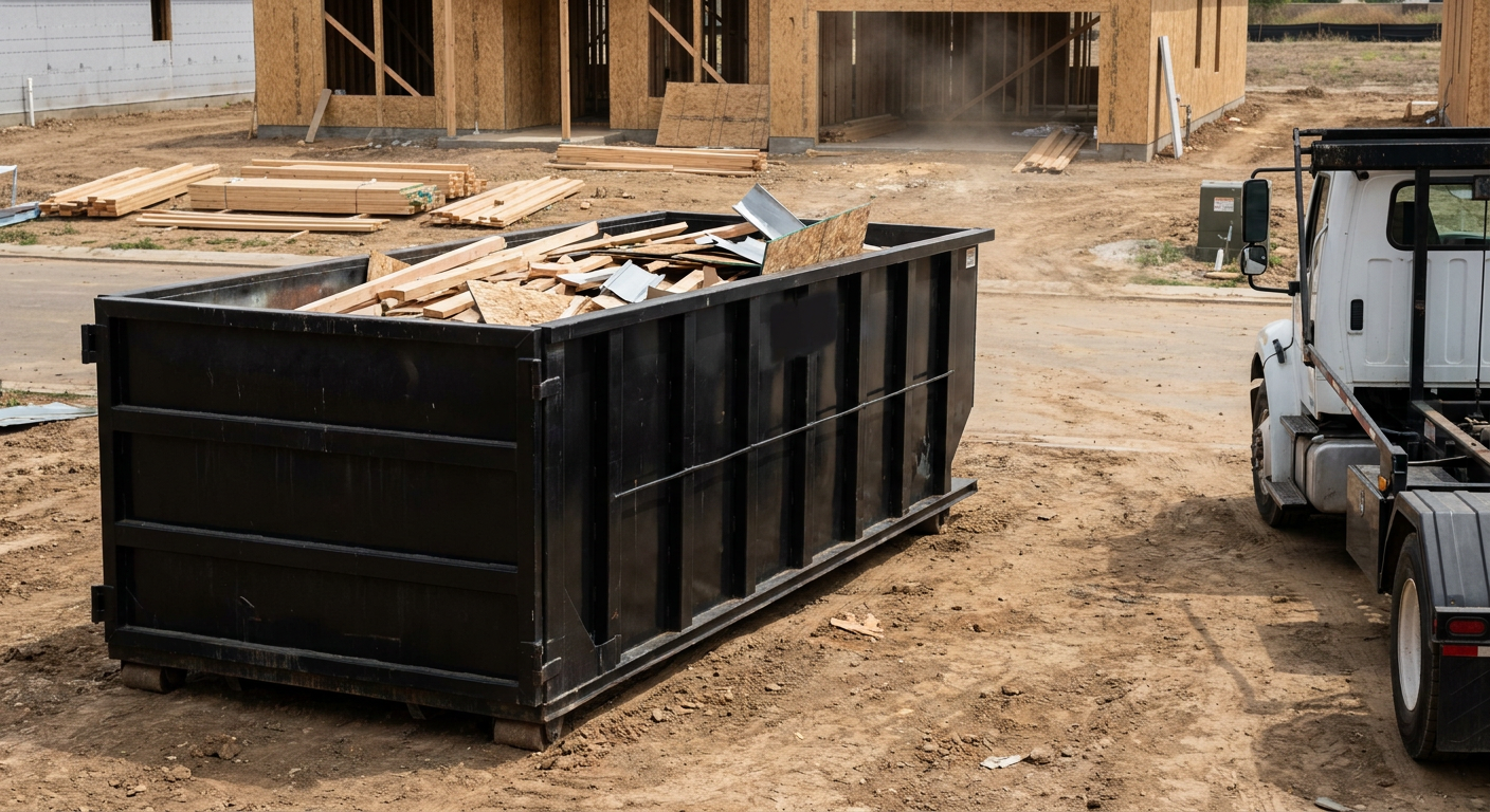 Matte-black 20-yard roll-off construction dumpster with heavy ribbed steel sidewalls and swing rear doors at a working jobsite in Marietta, sitting directly on compacted dirt with an unmarked white hauler partially visible at the far edge of the frame.