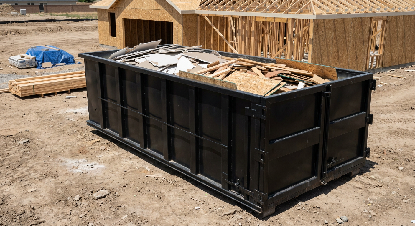 Matte-black 30-yard roll-off construction dumpster sitting directly on the compacted-dirt site of a framed single-family home build in Marietta, drywall and lumber scrap loaded inside.