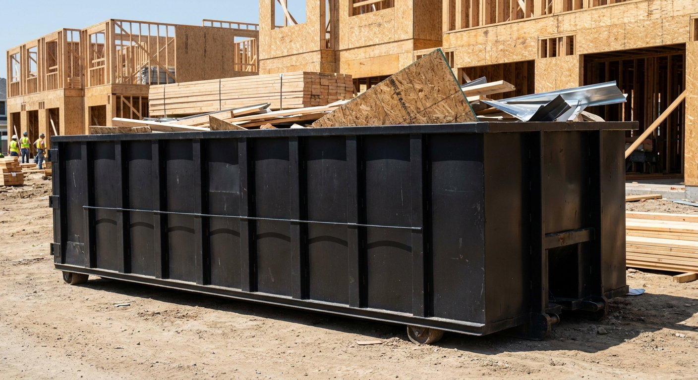 Matte-black 40-yard roll-off construction dumpster being lowered from a white-cab hooklift delivery truck onto the compacted-dirt jobsite at a commercial build site in Marietta