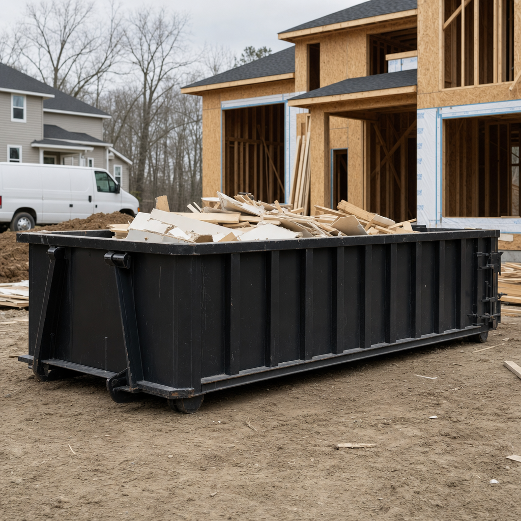 Worker in a yellow high-visibility vest tossing framing lumber and broken drywall into a matte-black 30-yard construction roll-off dumpster on an active build site in Marietta, bright daylight