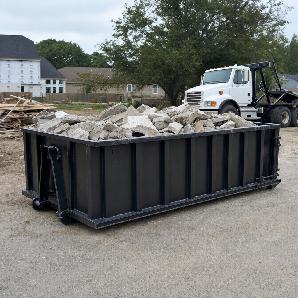 Low-profile matte-black lowboy roll-off dumpster loaded with broken concrete slab and rebar at a foundation tear-out in Marietta, skid steer parked beside it, sunny Colorado morning
