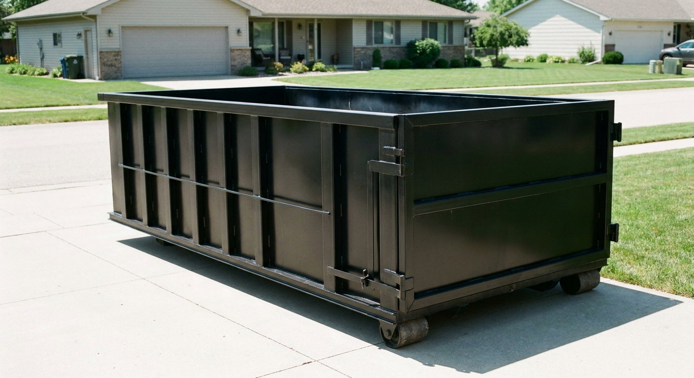 Matte-black 10-yard roll-off dumpster on a residential concrete driveway in Marietta, uniformly painted matte black across every panel and rail, ribbed steel sidewalls and rear swing door visible, mid-day daylight.