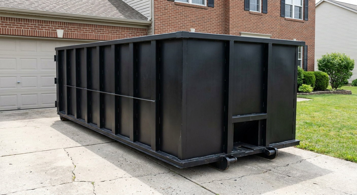 Matte-black 20-yard roll-off container on a Marietta residential concrete driveway with reinforced ribbed steel sidewalls and a hinged rear walk-in door, clean bright daylight.