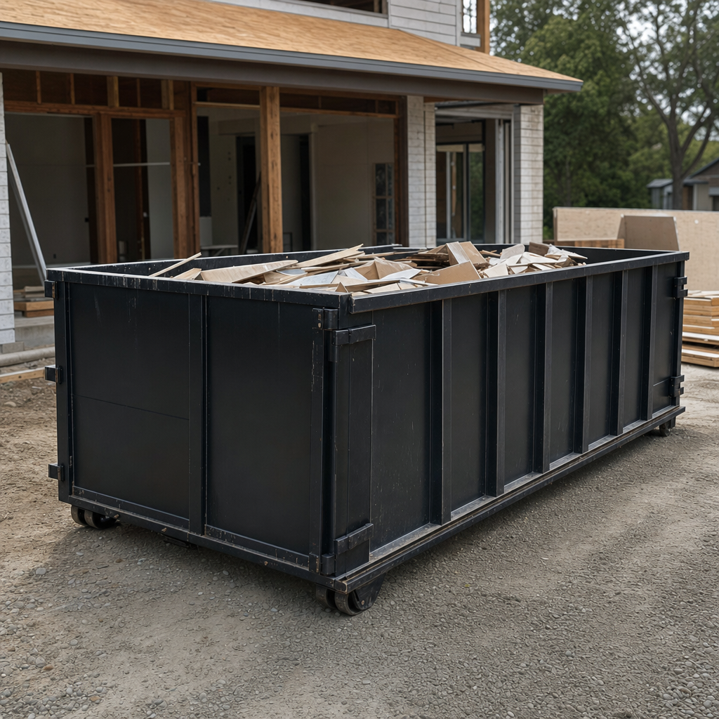 Large matte-black 30-yard construction roll-off dumpster at an active Marietta jobsite, steel-gray top rails and bottom rollers visible, loaded with construction debris.