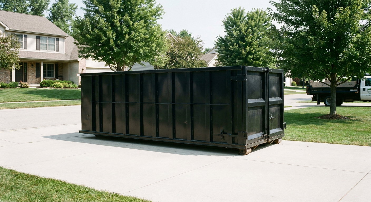 Matte-black 20-yard roll-off dumpster sitting level on a clean Marietta residential concrete driveway under bright daylight, demonstrating clean placement directly on the concrete.