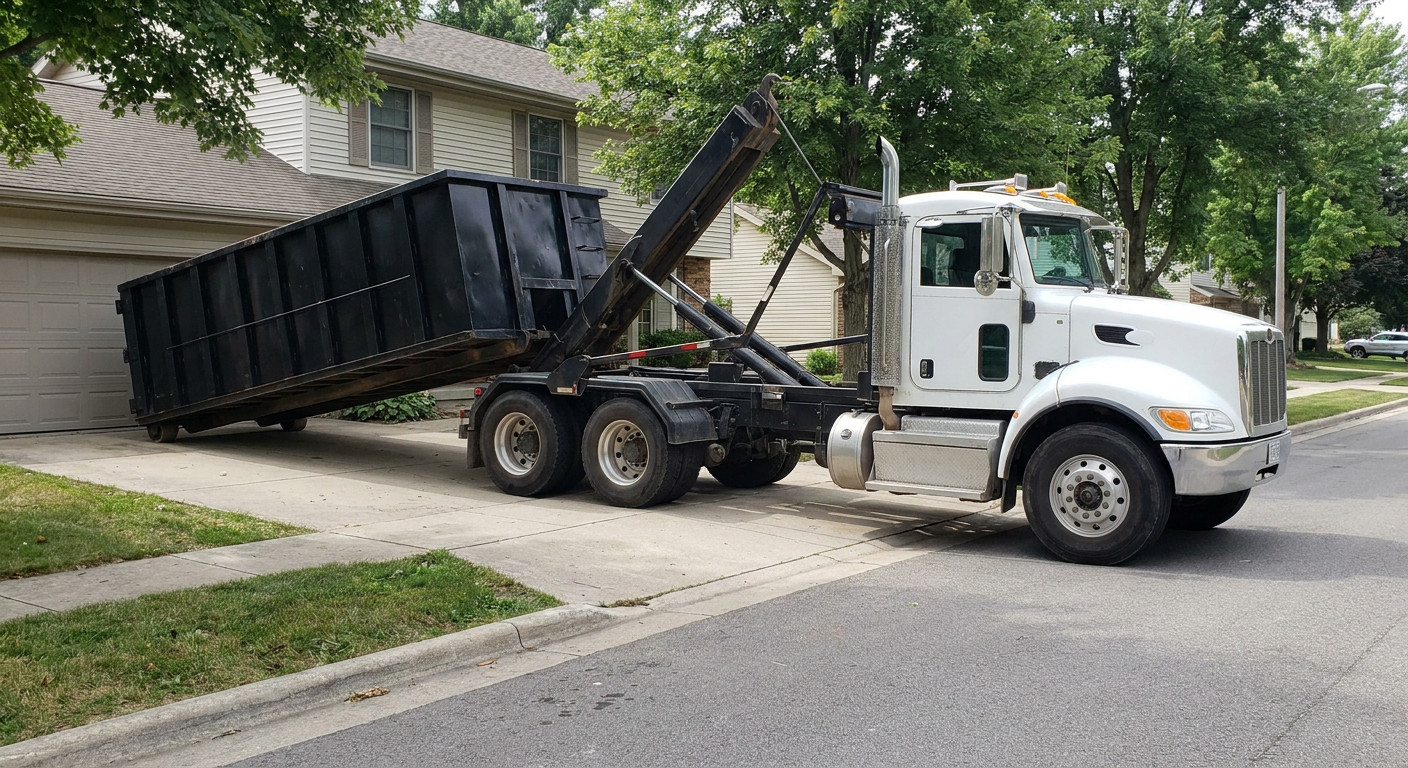 White-cab hooklift roll-off truck actively lowering a matte-black dumpster onto a Marietta residential concrete driveway, the dumpster's rear wheels touching the driveway as the hoist arm tilts the bed forward, mid-morning daylight.