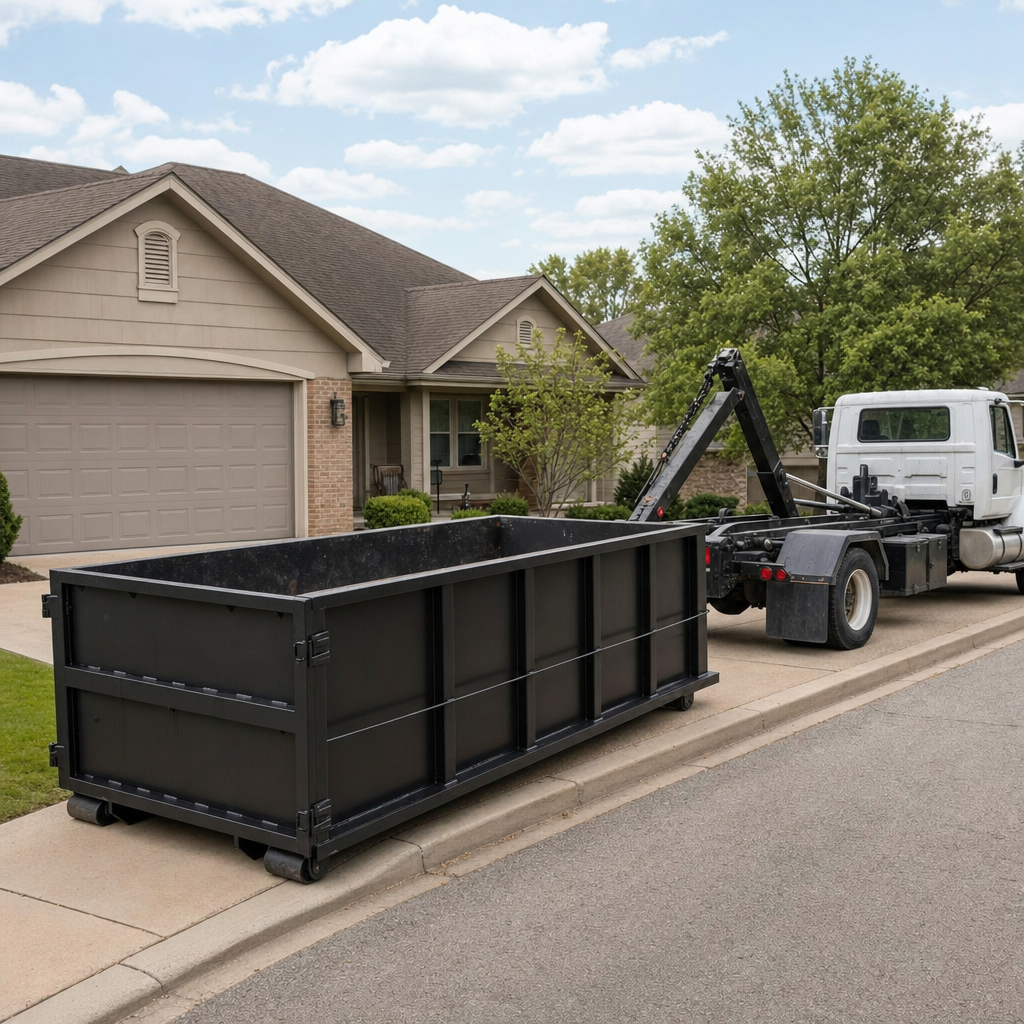 Wide documentary shot of a matte-black roll-off dumpster on a Marietta residential driveway in the foreground and a contractor jobsite container in the soft-focus background, bright daylight, calm and orderly composition.