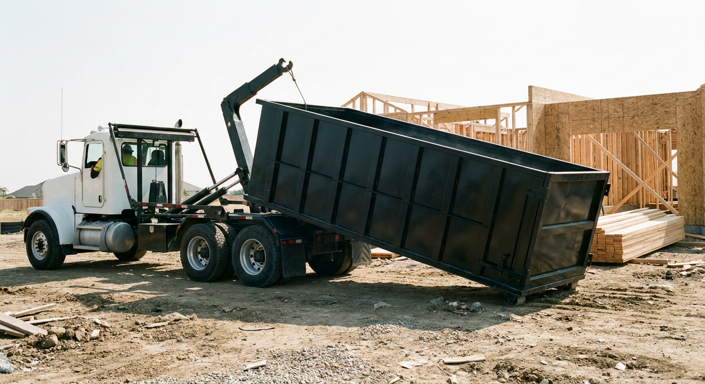 Matte-black roll-off dumpster being delivered onto a clean residential concrete driveway in Marietta by an unmarked white hooklift hauler truck, bright morning daylight, documentary 35mm perspective.