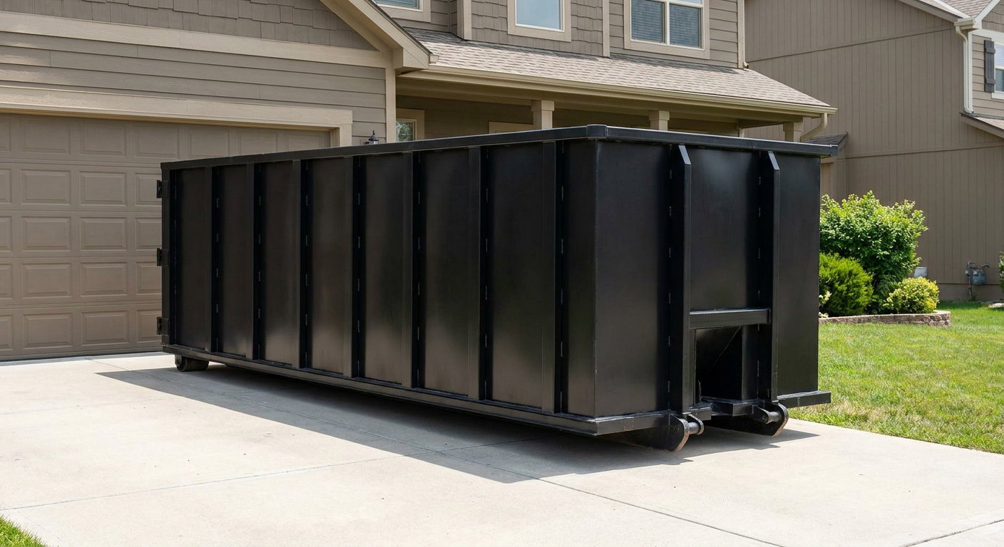 Matte-black residential roll-off dumpster sitting directly on a suburban Marietta concrete driveway, garage door closed, single-family home in background, bright morning daylight.
