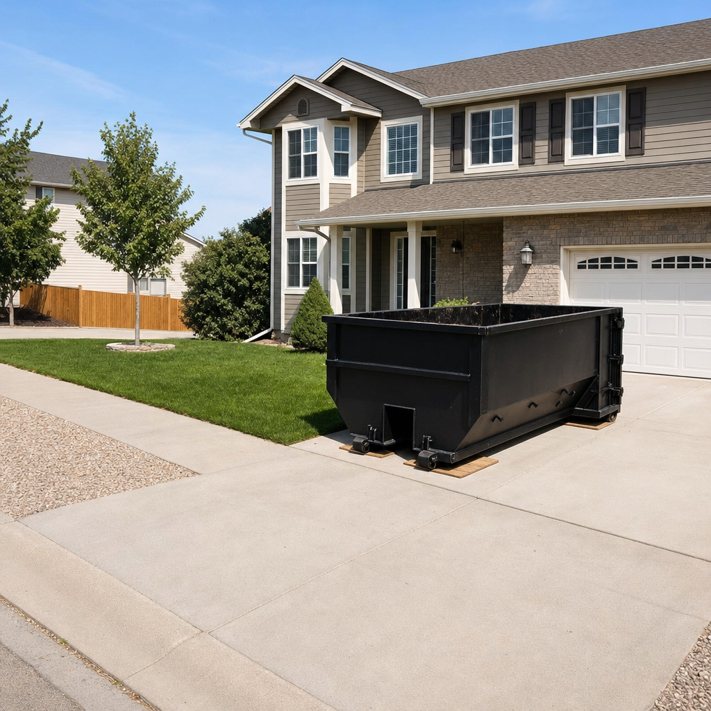 10-yard matte-black residential dumpster placed directly on a narrow Marietta concrete driveway, room remains for a parked sedan beside it, mid-morning natural light