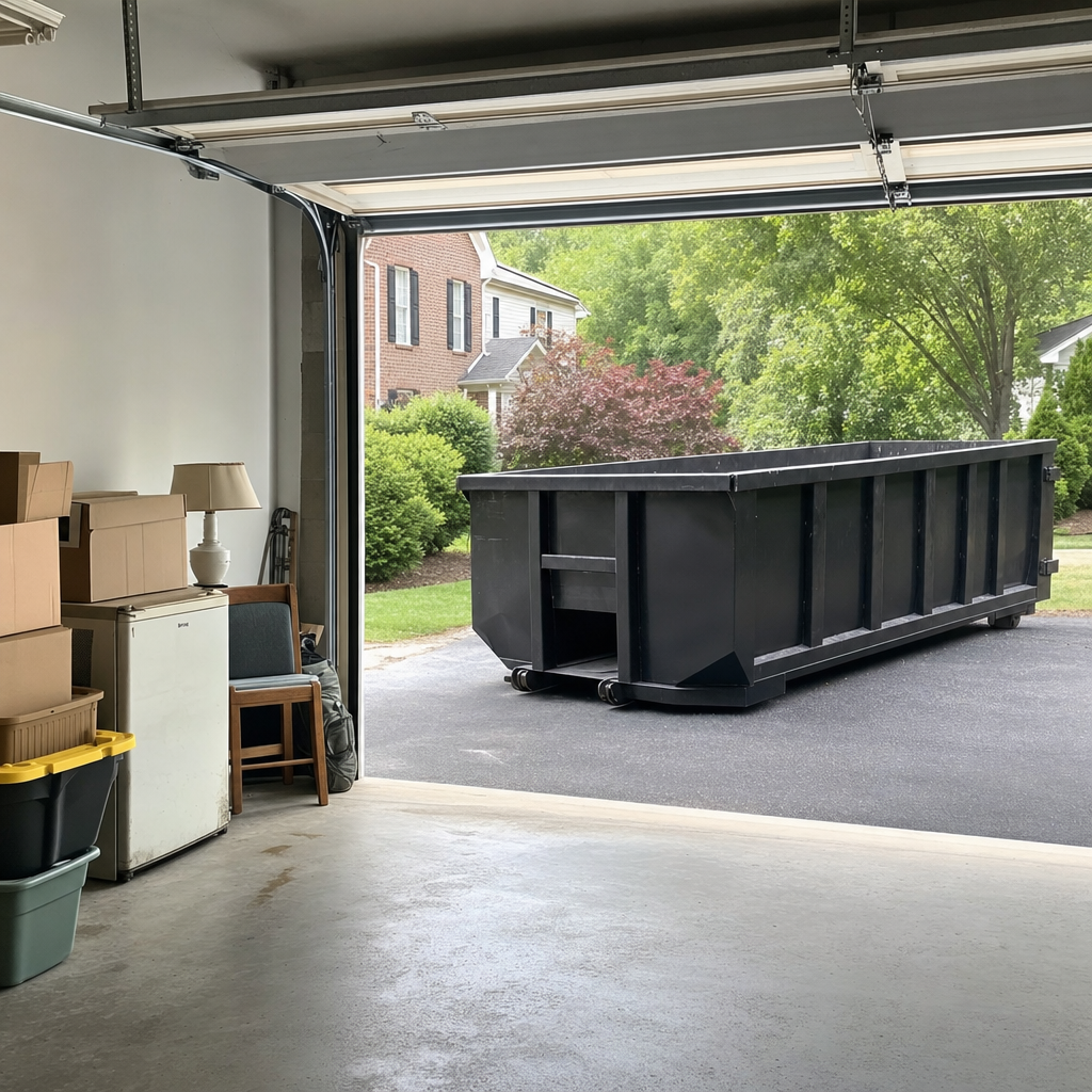 Open garage interior in a Marietta home mid-cleanout — boxed items, an old appliance, and stacked yard tools queued near the driveway for a matte-black roll-off dumpster, organized and calm