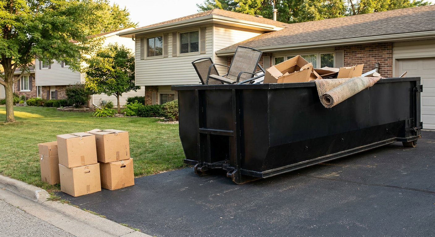 Front-yard view of a Marietta split-level home with a 20-yard matte-black roll-off dumpster sitting directly on the asphalt driveway, a few clearly labeled donation boxes staged at the curb, calm sunny afternoon.
