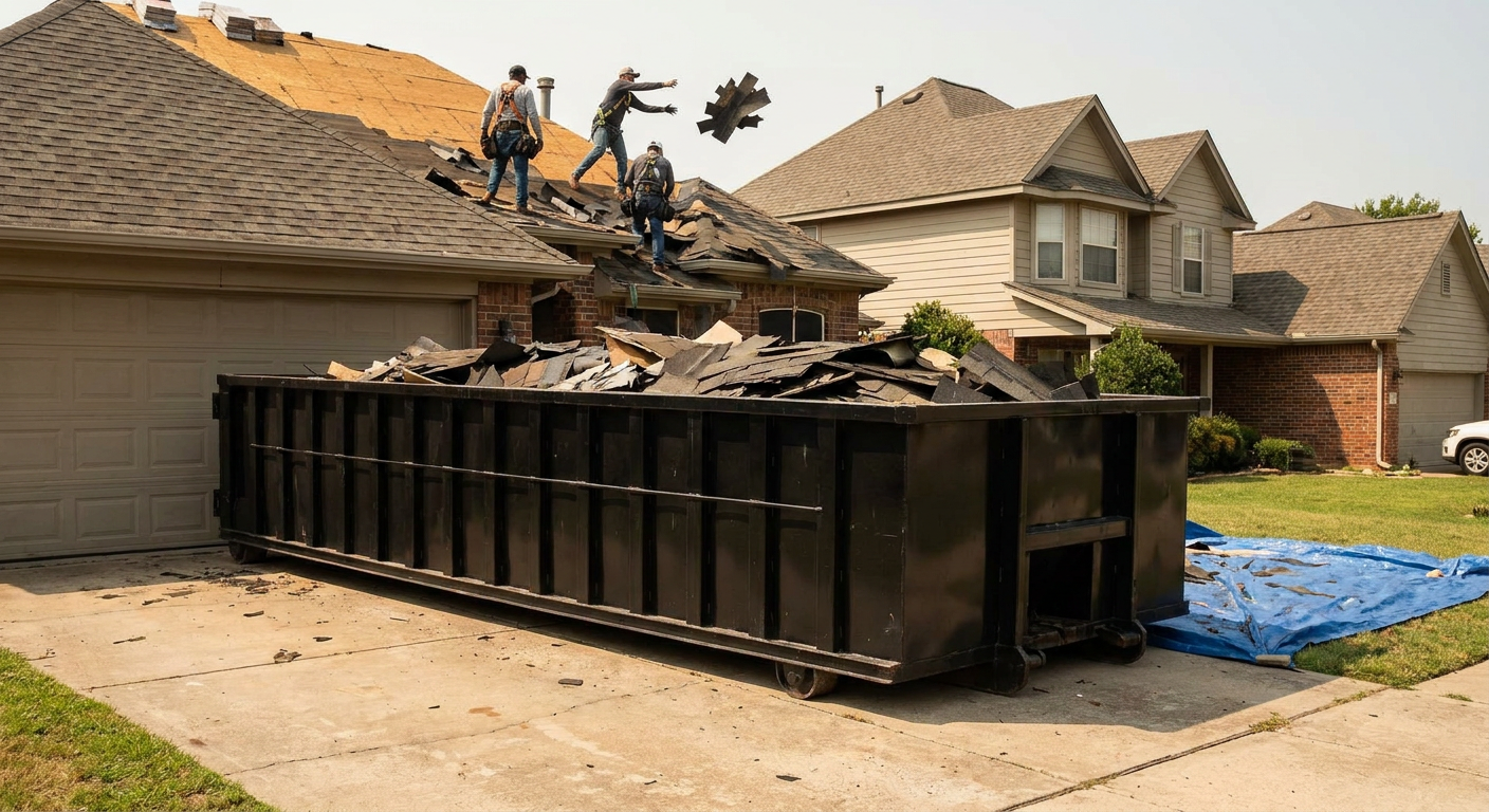 Matte-black roofing roll-off dumpster placed directly on a Marietta residential concrete driveway, a tear-off crew on a two-story asphalt-shingle roof tossing shingle bundles into the low-walled container, bright daylight, documentary 35mm perspective.
