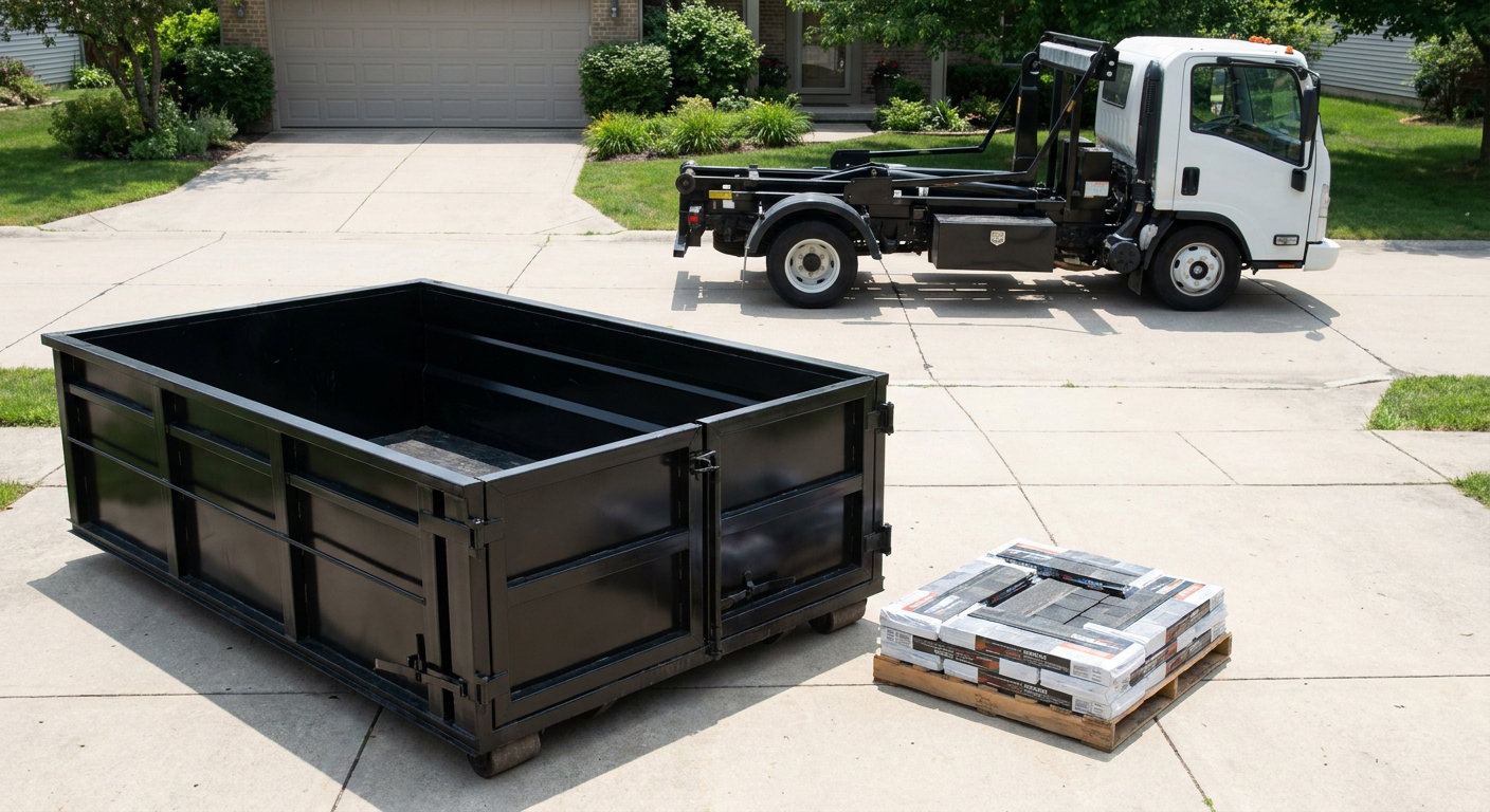 Matte-black 15-yard roofing roll-off dumpster with reinforced low side walls sitting directly on a Marietta residential concrete driveway, three-tab asphalt shingle bundles stacked nearby, an unmarked white hauler truck partially visible at the edge of the frame.