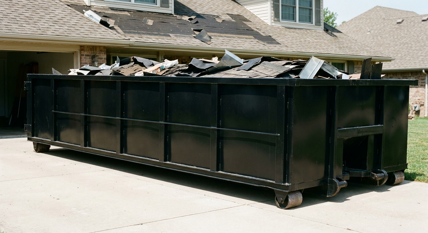 Matte-black 20-yard roofing roll-off dumpster with steel ribbed sides and swinging rear door, sitting directly on the concrete driveway of a two-story Marietta home, asphalt shingle debris being loaded over the low wall, clean documentary lighting.