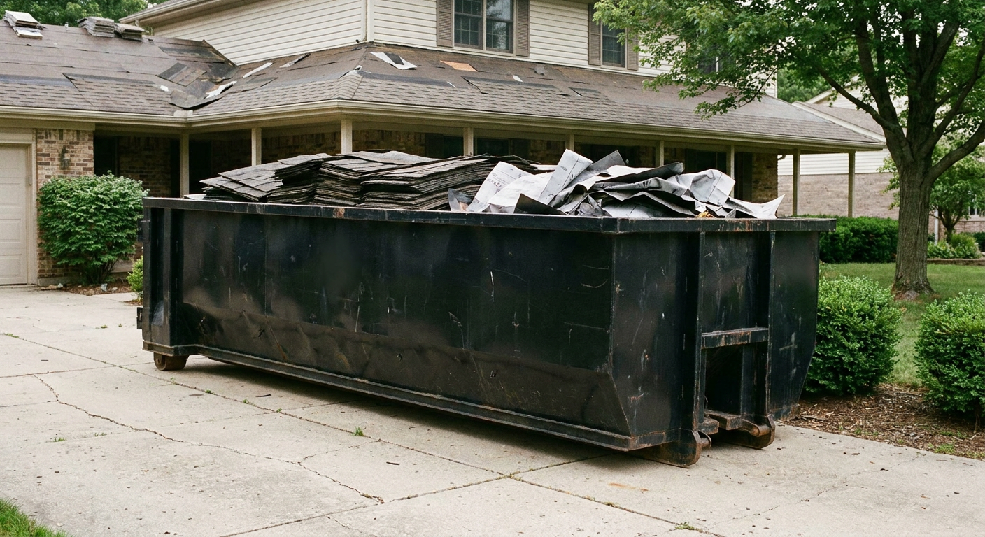 Matte-black 30-yard roofing roll-off dumpster sitting directly on a Marietta concrete driveway, taller ribbed steel side panels, mixed tear-off debris of asphalt shingles and underlayment inside, professional documentary daylight.