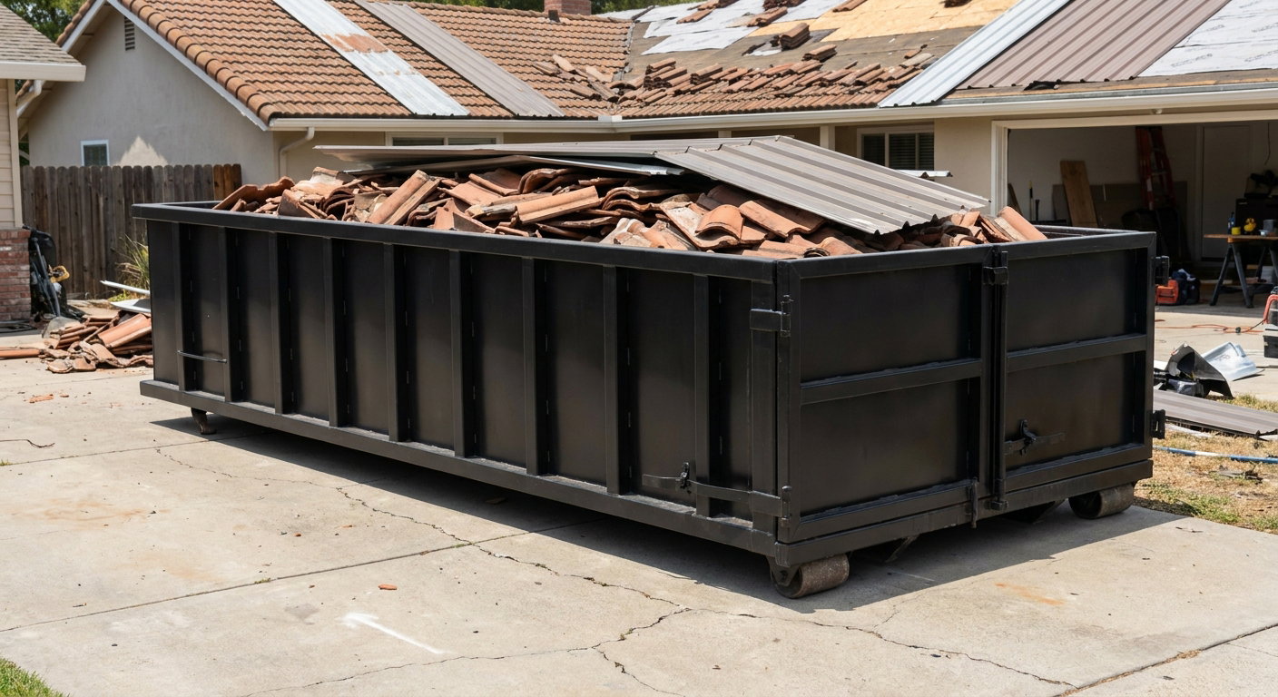 Matte-black low-wall heavy-debris roofing roll-off dumpster sitting directly on a Marietta concrete driveway, broken concrete clay roof tiles and metal panel sections loaded inside, reinforced ribbed steel side walls visible, bright outdoor daylight.