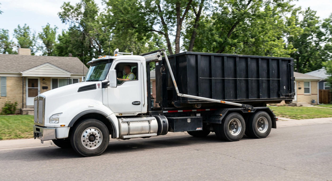 A wide documentary shot of a matte-black roll-off delivery truck pulling onto a quiet Marietta residential street at mid-morning, with neighborhood rooftops and tree-lined blocks visible behind, showing the metro coverage footprint.