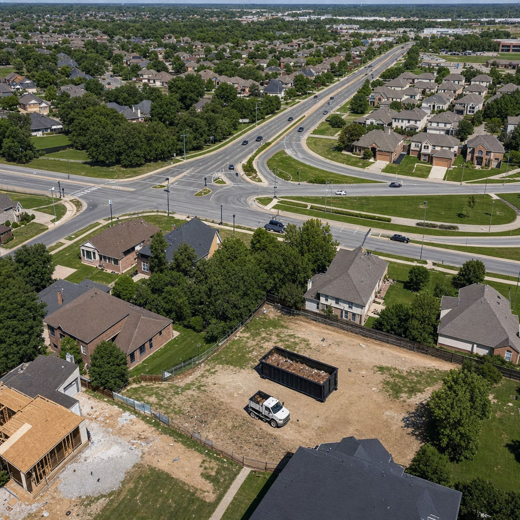 An overhead documentary view of the Marietta metro area at midday, showing the spread of neighborhoods, arterial roads, and the dispatch radius from a central yard — clean daylight, organized geographic layout.