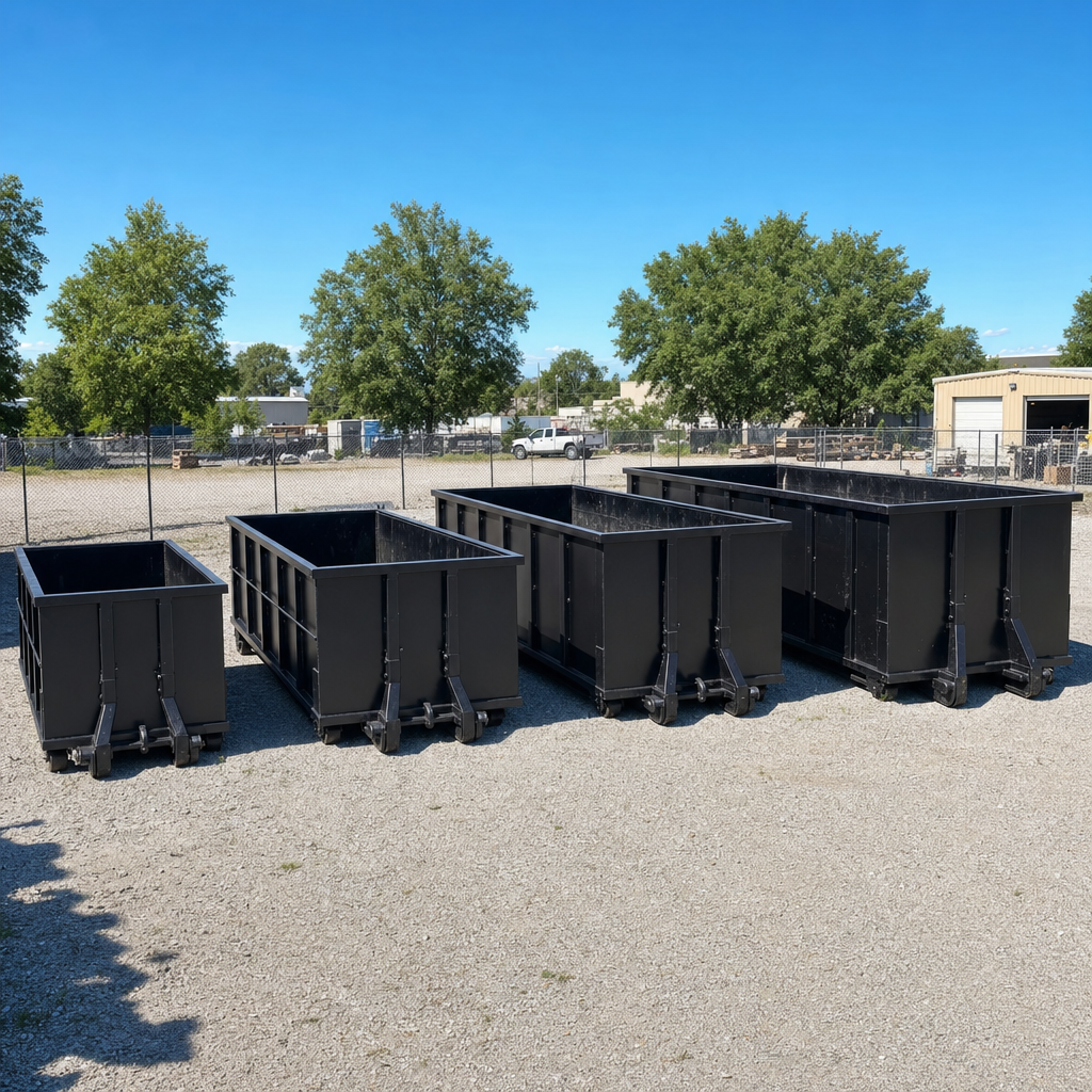 A clean lineup of matte-black roll-off dumpsters in 10, 20, 30, and 40-yard sizes staged on a sunlit gravel yard in Marietta, showing the size progression from compact to commercial-scale containers.