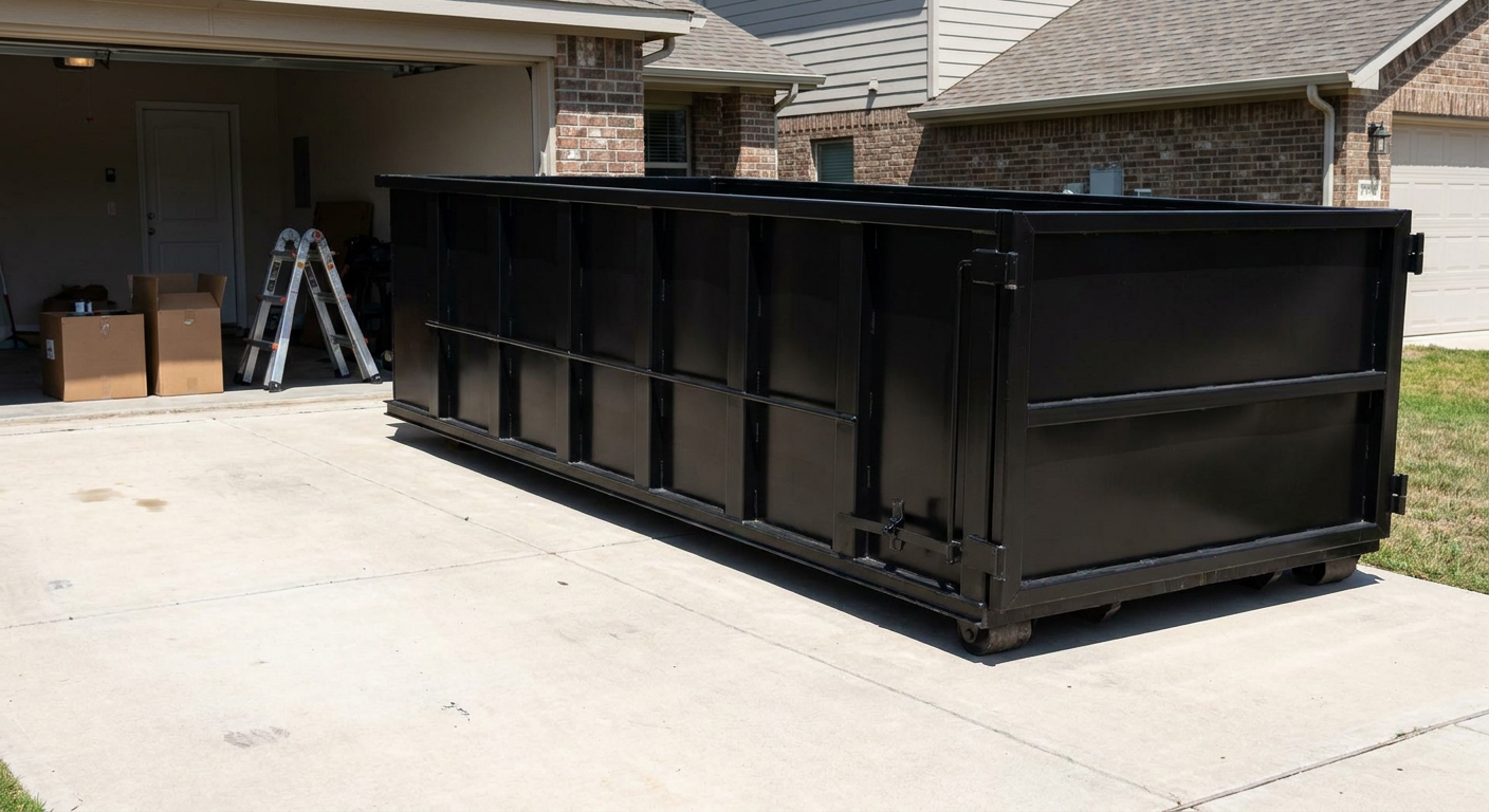 A matte-black 10-yard roll-off dumpster sitting directly on a residential Marietta concrete driveway, mid-day sunlight, clean and ready for a garage cleanout.