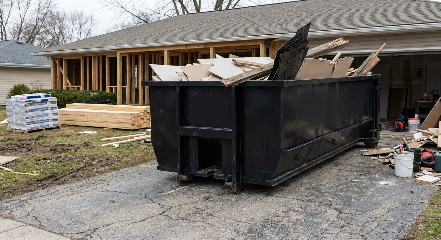 A matte-black 20-yard roll-off dumpster placed alongside a mid-renovation Marietta home directly on the asphalt driveway, with framing materials and torn-off shingles staged neatly nearby.