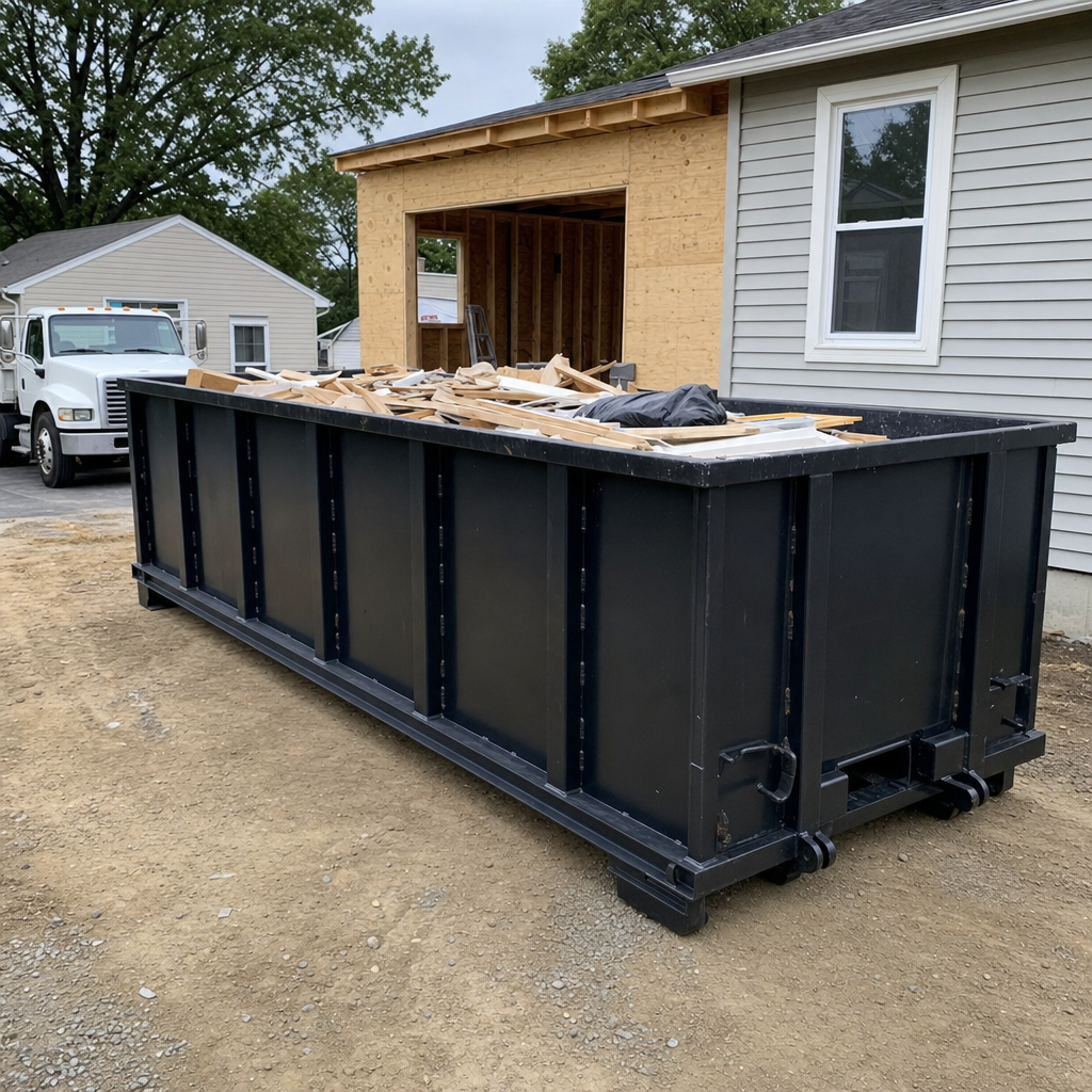 A matte-black 30-yard roll-off dumpster positioned at a Marietta residential addition jobsite, with framing lumber and drywall scraps loaded through the open swinging rear doors.