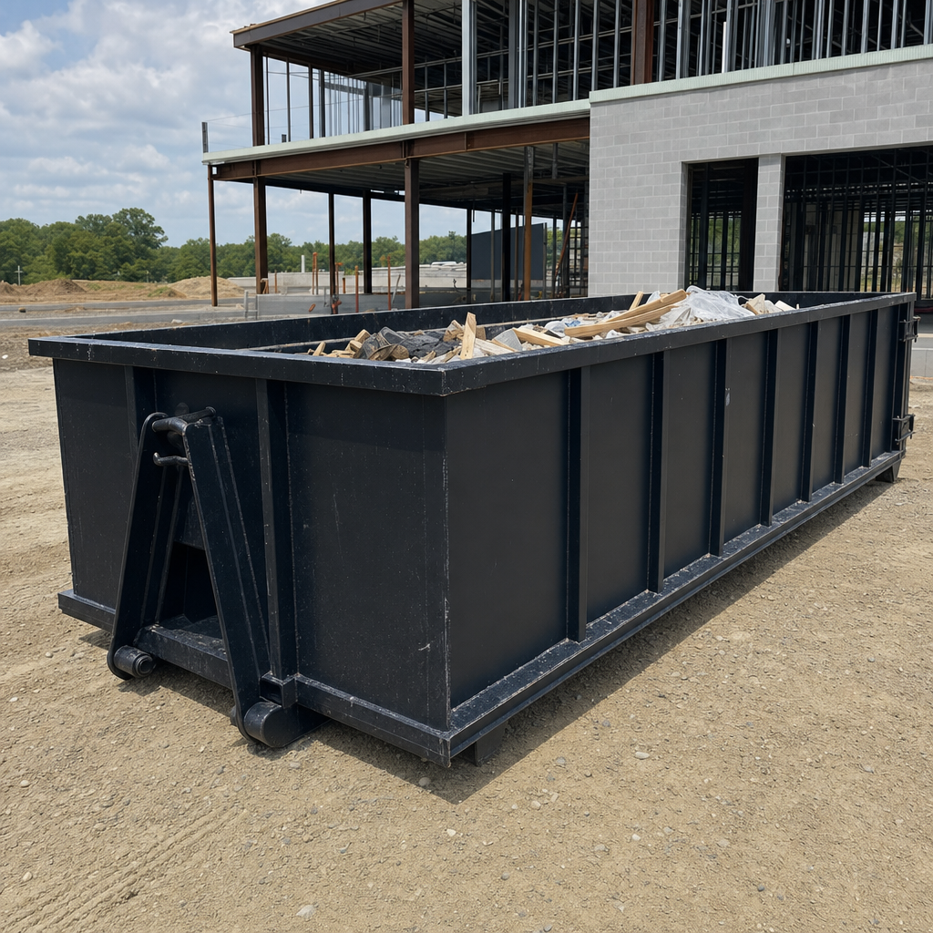 A matte-black 40-yard roll-off dumpster staged on a large Marietta commercial construction lot, with a hooklift delivery truck parked alongside under bright midday sky.