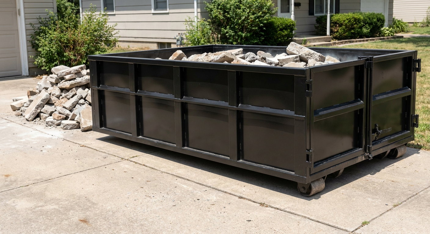 A matte-black low-side heavy-debris roll-off dumpster placed directly on a Marietta concrete driveway, with broken concrete chunks neatly stacked beside it under clean daylight.